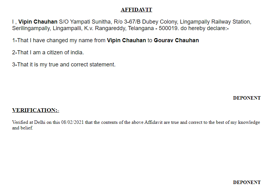 Affidavit for name change of male person