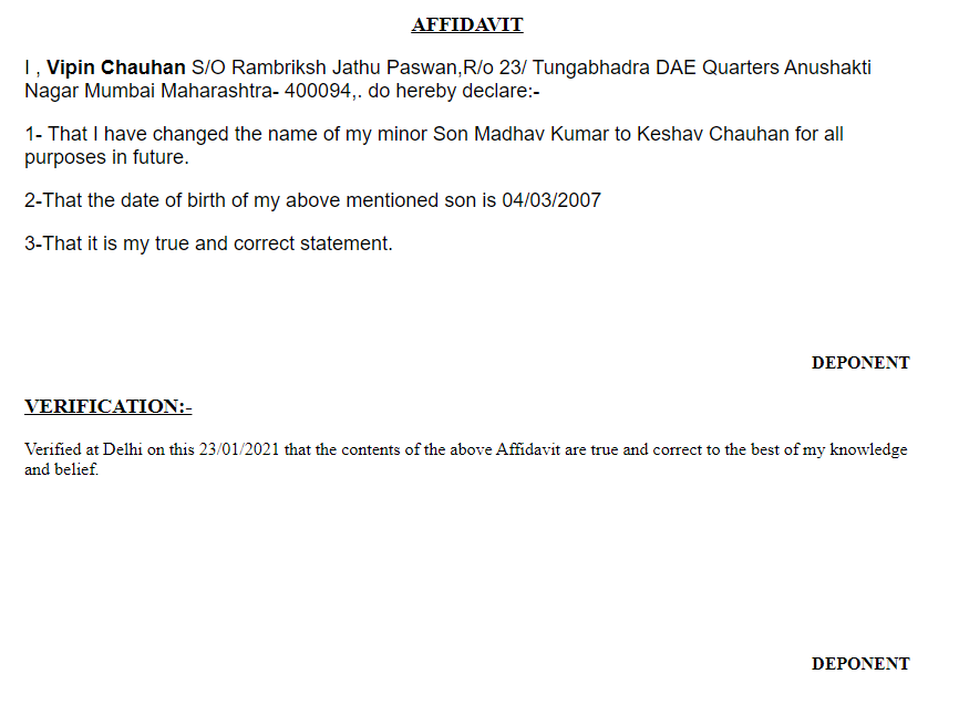 Name Change Affidavit for Minor